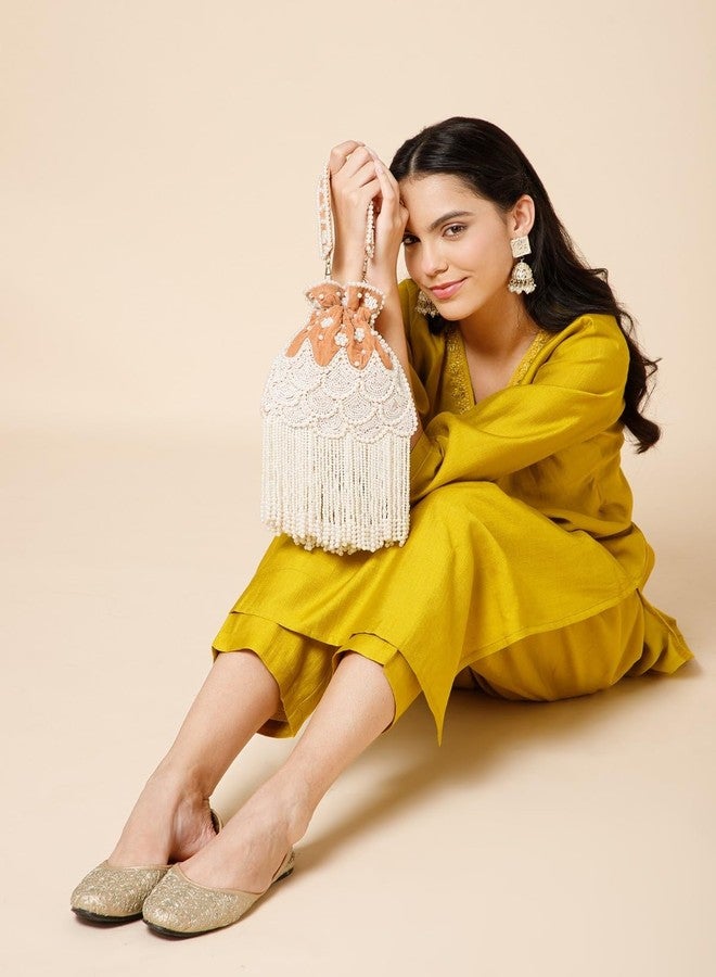Anekaant Dewdrop Fringe Orange Velvet Embellished Potli For Women | Wedding & Festive Bag - Image 2